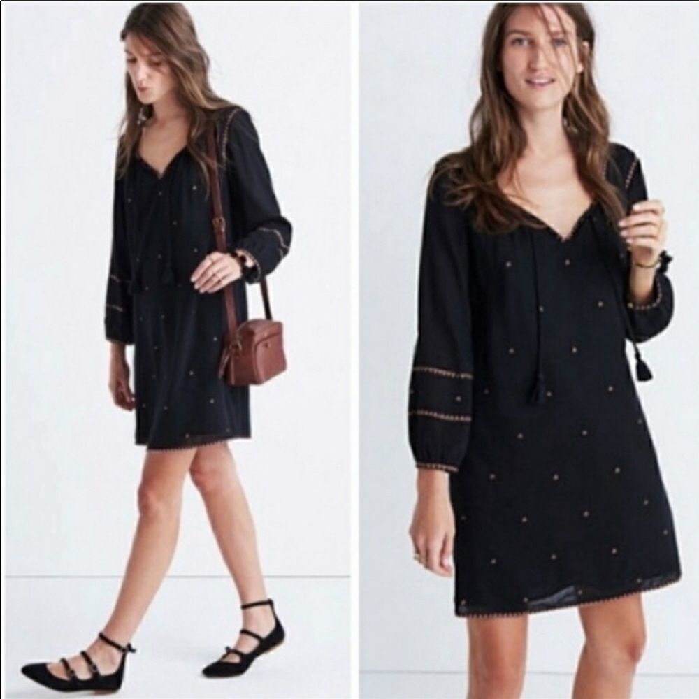 MADEWELL | Embroidered Signal Dress Black & Orange Tie Front Women’s Size XS
